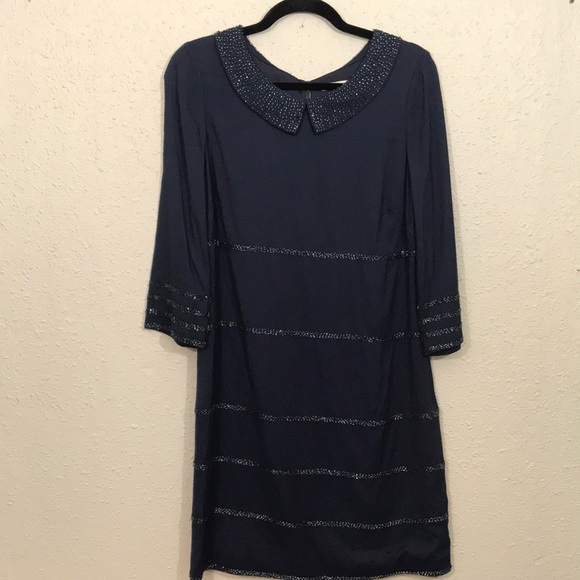 Boden Navy Blue Beaded 3/4 Sleeve Peter Pan Collar Cocktail Dress size 6 - Picture 1 of 14